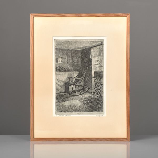 DAVID AHLQVIST. (1900-1988). Etsning. Gungstol och symaskin.