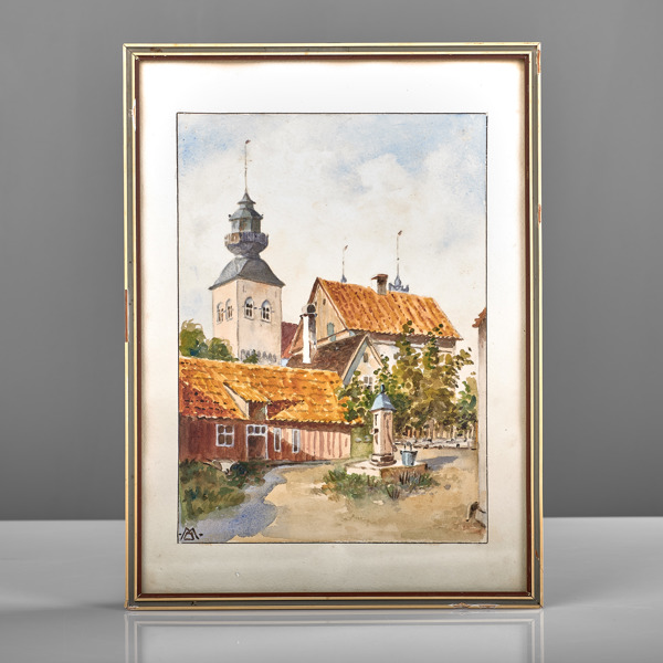 MONOGRAMSIGNERAD. Akvarell. Visbymotiv med domkyrkan.
