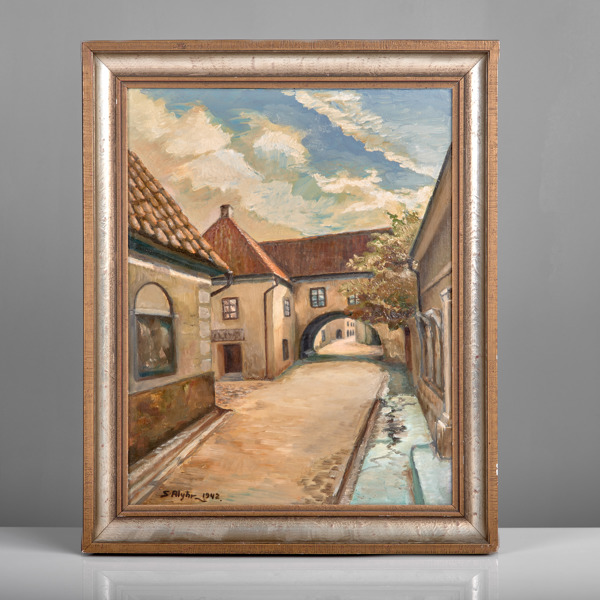 STIG ALYHR. (1919-1995). Olja på pannå. Visbymotiv. 