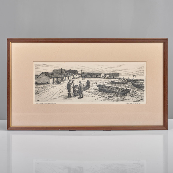 ERIK OLSSON. 1919-2007). Etsning. Grynge fiskeläge, Gammelgarn.