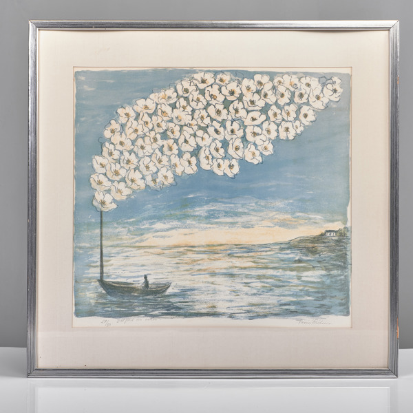 NAEMI ERIKSSON. (1920-2002). Färglitografi. Båtfärd på natten.