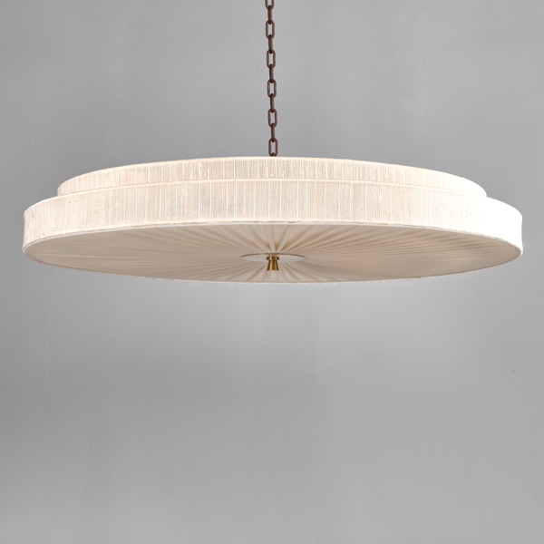 PLAFOND. Textil och mässing. Swedish modern. 1940-tal. 6 ljuspunkter.