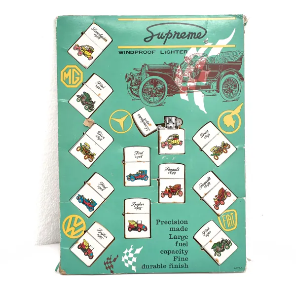 TÄNDARE. 12 stycken. Supreme Classic Cars. Windproof Lighters Store Display. Japan. 1950-60-tal.